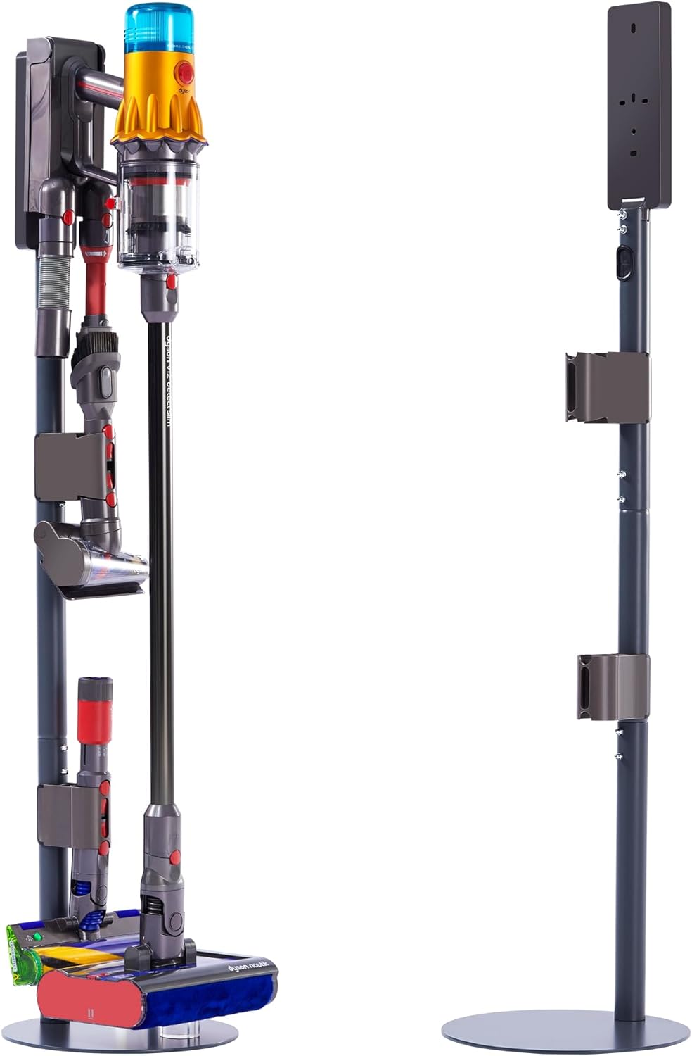 Vacuum Stand Compatible with Dyson V15, V12, V11, V10, V8, V7, Carbon Steel Floor Dock, Storage Holder with Built-in Cable Slot, 2 Clips for 7 Attachment Holder