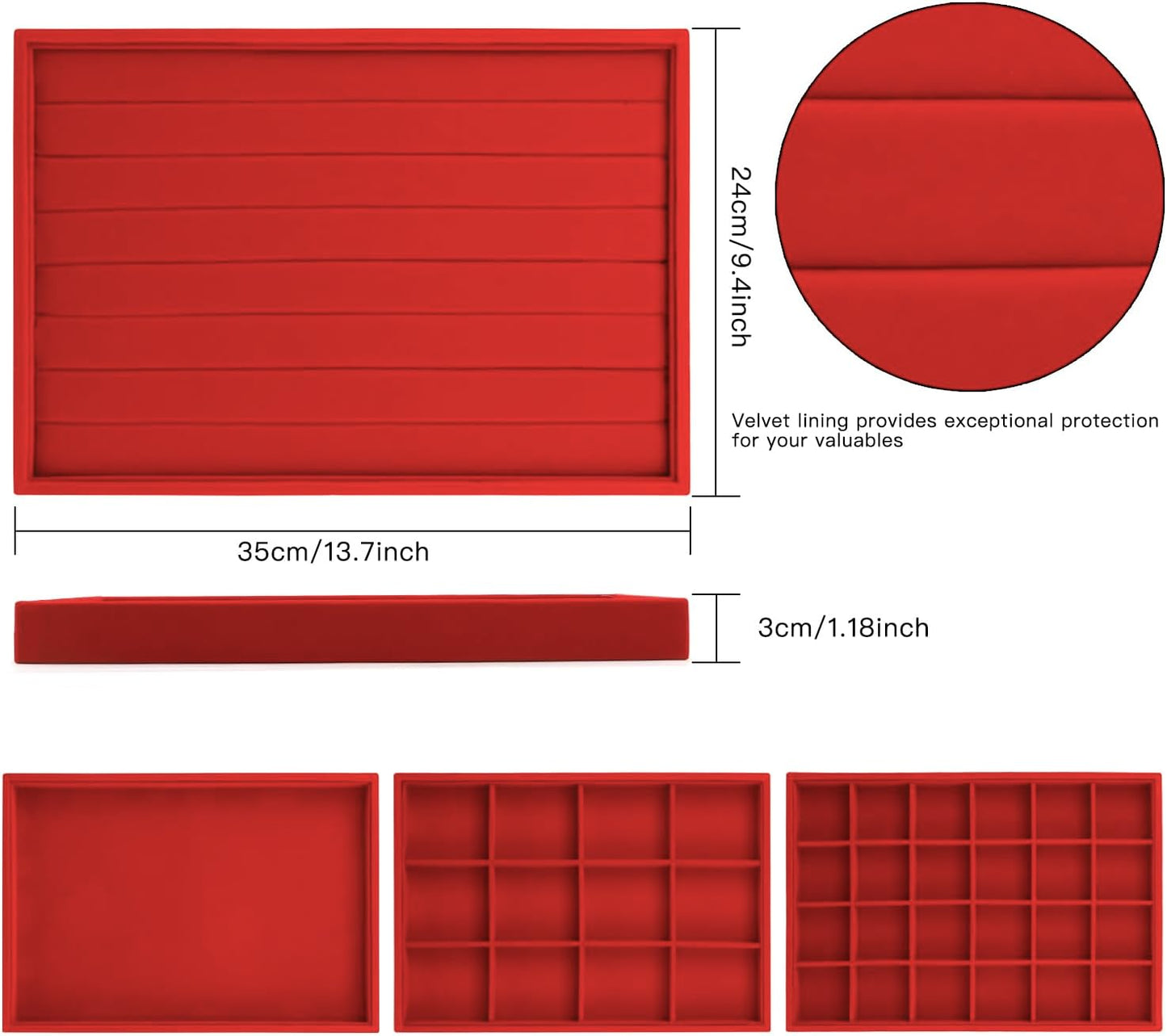 Lainrrew Jewelry Tray, 4 Pack Jewelry Organizer Velvet Jewelry Tray Stackable Jewelry Trays, Necklace & Earring Holder, Divided Bracelet & Ring Storage, 13.8"x9.5"x1.2" - Elegant Display Case (Red)