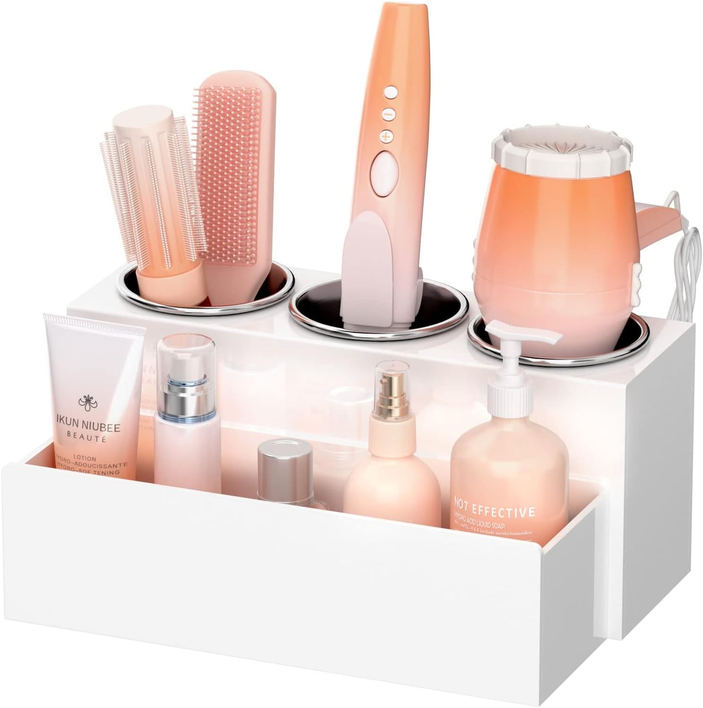 NIUBEE Hair Tool Organizer, Acrylic Hair Dryer and Styling Holder, Bathroom Countertop Blow Dryer Organizer, Vanity Storage Stand for Accessories, Makeup, Toiletries (White)