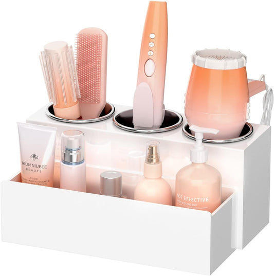 NIUBEE Hair Tool Organizer, Acrylic Hair Dryer and Styling Holder, Bathroom Countertop Blow Dryer Organizer, Vanity Storage Stand for Accessories, Makeup, Toiletries (White)