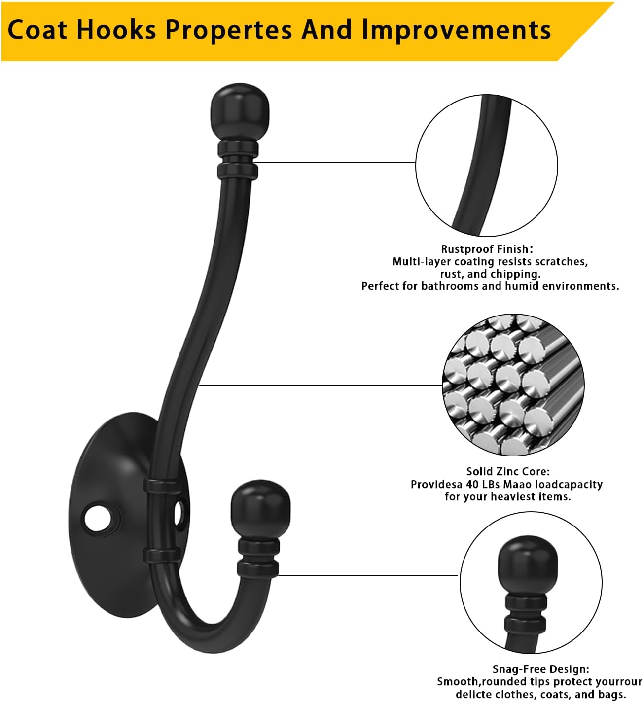 6 Pack Heavy Duty Wall Hooks for Hanging, Metal Coat Hooks Wall Mount, Easy to Install, Ideal for Living Room, Bathroom, Kitchen, Bedroom (Black)