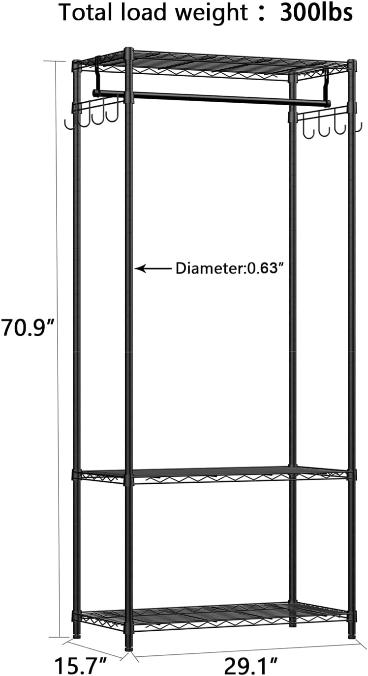 Xiofio 3 Tiers Heavy Duty Clothing Rack, Metal Garment Rack Coat Rack, Clothes Rack with 2 Side Hooks,Hanging Adjustable Garment Rack for Bedroom Living Room Laundry Room Balcony Garden,Black
