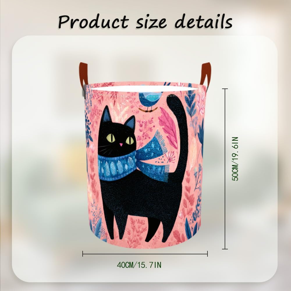 Laundry Baskets 15.7x19.7 Inch Large Black Cat Bird Floral Scarf Design Collapsible Laundry Hamper with Handles Oxford Fabric Clothes Storage Bin Foldable Dirty Clothes for Bedroom Bathroom Dorm