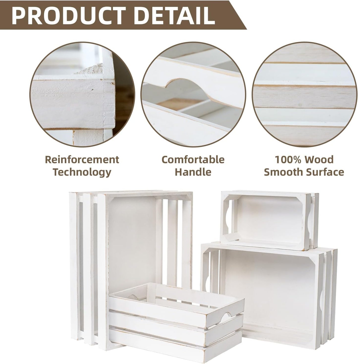 Set of 4 Large Wooden Decorative Storage Crates, Whitewashed Nesting Wooden Crates for Display Rustic, Farmhouse Wood Storage Container Boxes Made from 100% Wood