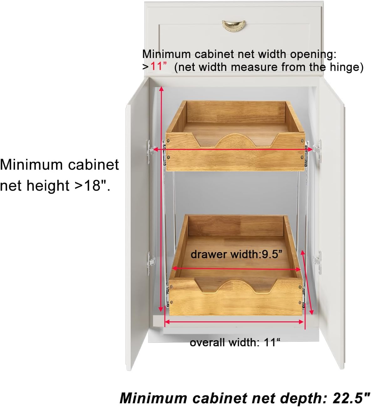 DINDON 2 Tier Pull Out Cabinet Organizer (11" W x 21" D) Double Tier Slide Out Wood Drawer Under Cabinet Storage And Organization