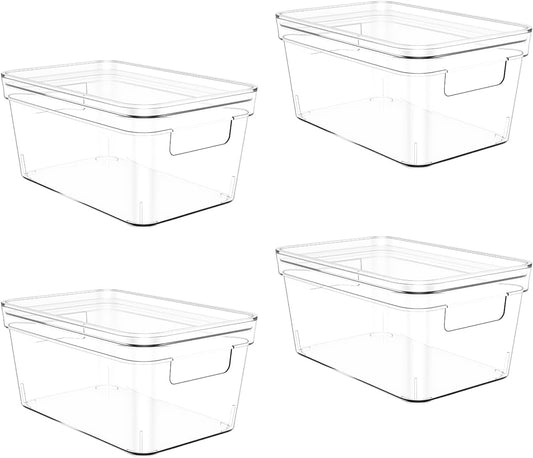 MOONEDGE Clear Plastic Storage Bins with Lids – Stackable Organizer Containers for refrigerator, Kitchen, Pantry, Bathroom, Closet, Laundry Room, Office – 4 Pack (10×6×5 in)