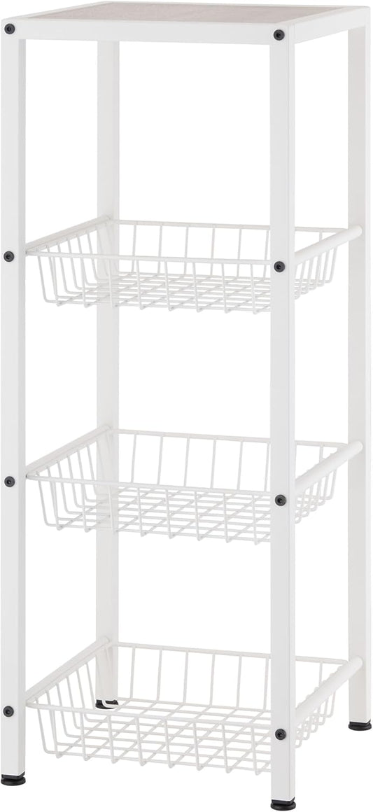 TRINITY 4-Tier Freestanding Metal Shelving Rack with Wire Baskets, Wood Top, and Adjustable Feet, 12"x12"x30", White + Gray-Wash Top