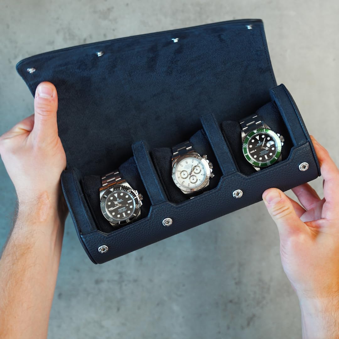 DailyWatch | Personalized Watch Roll Travel Case For 3 Watches - Handmade Genuine Leather Travel Case With Custom Engraving of Name or Initials - Navy Blue Litchi