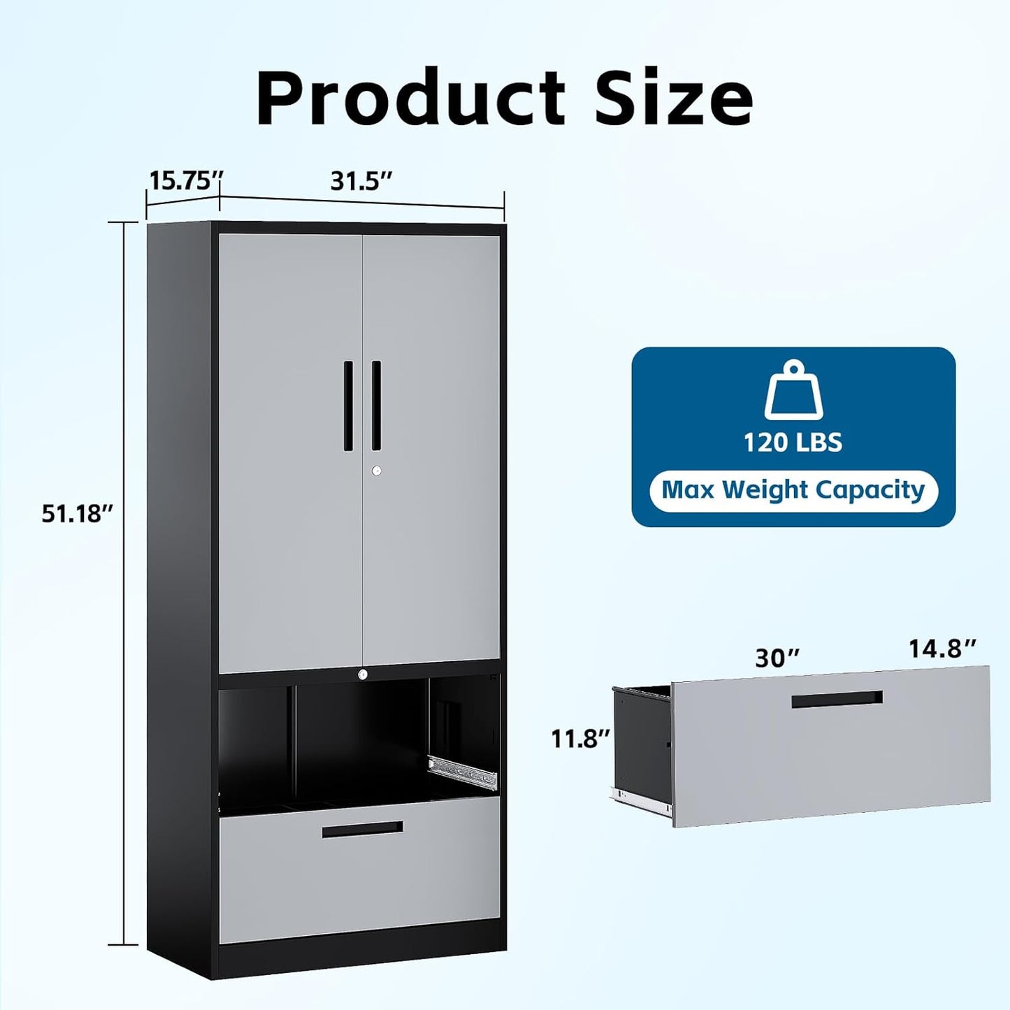 2-Drawer Metal File Cabinet,Lateral Filing Cabinets for Home Office,Locking File Cabinet with Storage Shelves,Legal/Letter/A4 Size Office File Cabinets(Black Grey, Assemble Required)