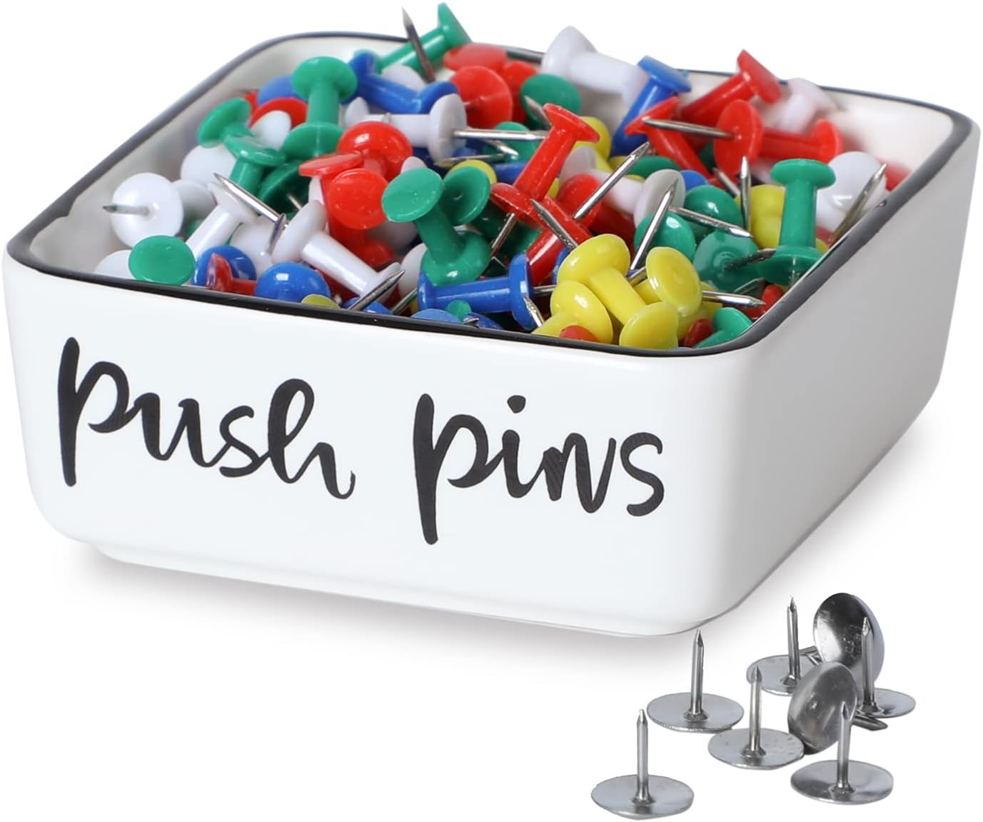 ONTUBE Farmhouse Square Push Pins Holders,Ceramic Binder Clip Dispenser Organizer for Desk, Cute Office Paper Clip Holder, 3.3 Inch (White)