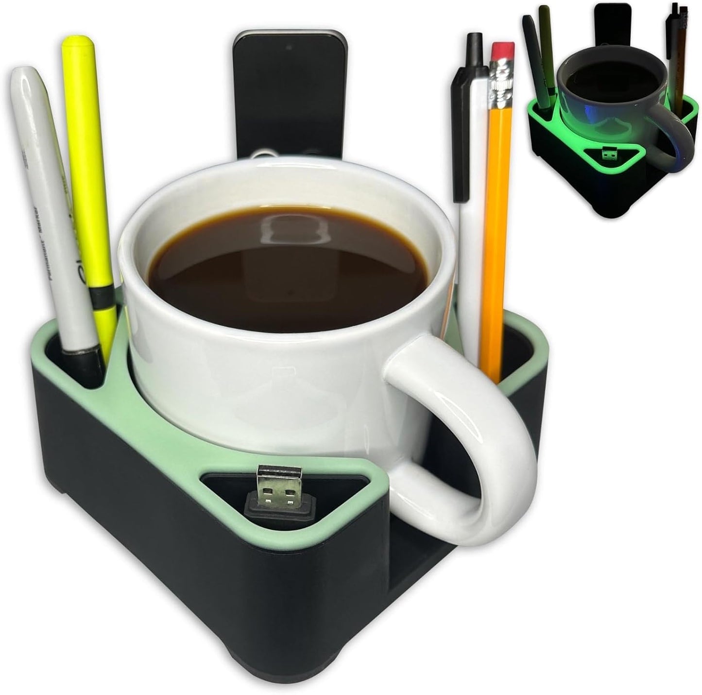 MugBrick Drink Holder for Couch, Bed, Car, Boat - Non-Spill Table and Desk Cup Holder, Tip Proof Spill Prevention Organizer, Black + Green Glow