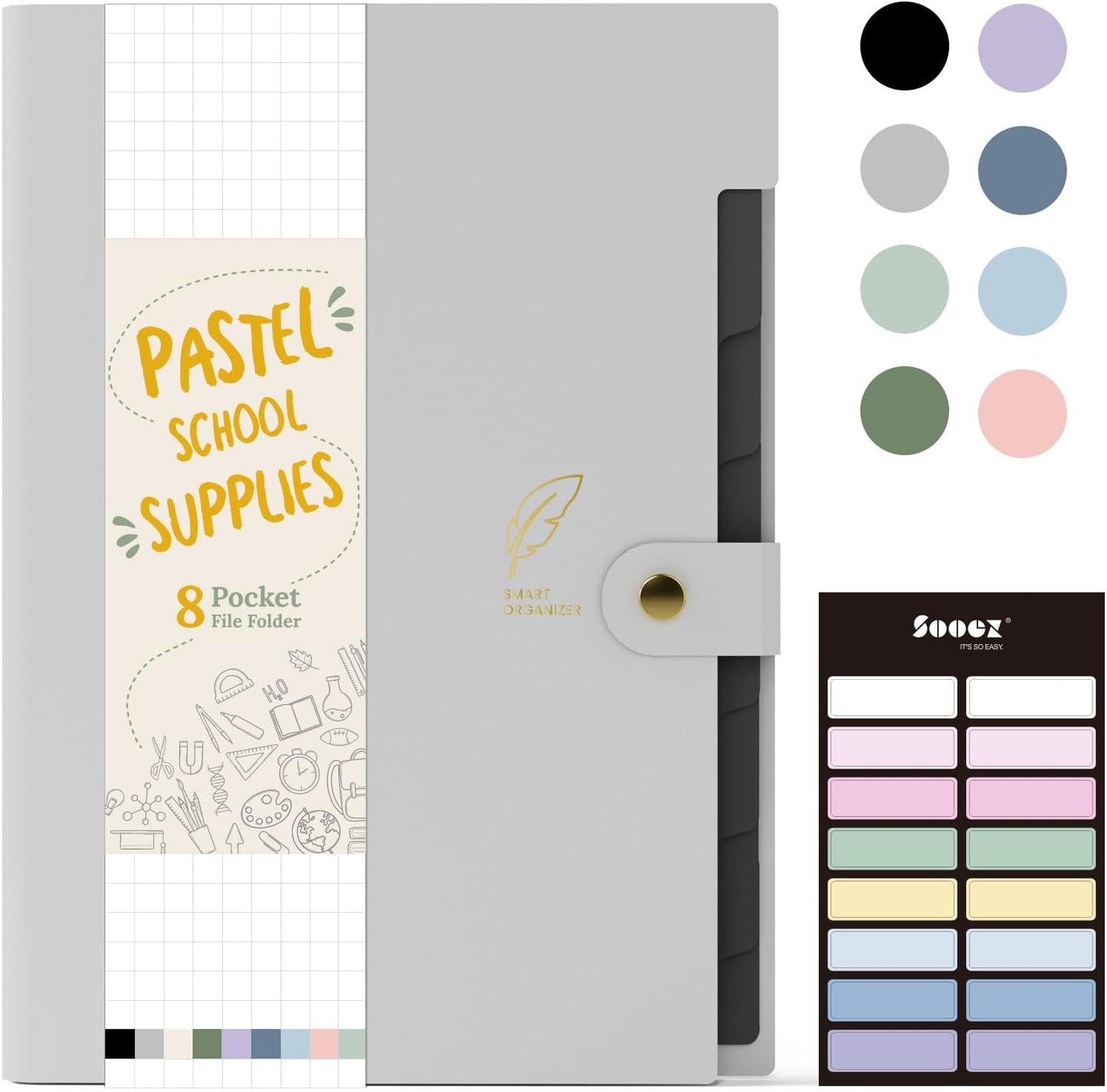 Sooez Aesthetic 8 Pocket Accordion File Organizer, Pastels Expanding File Folder for Important Document with Labels, Portable Receipt Bill Organizer for Office School Supplies, Letter Size Light Grey