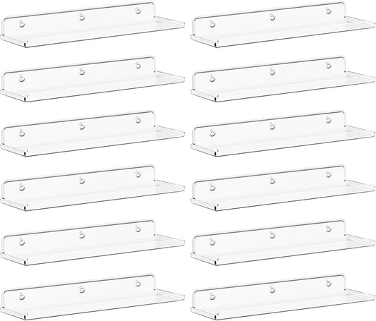 Lifewit Floating Shelves for Wall, 12 Pack Clear Acrylic Shelf 15" Room Decor for Bookcase/Vinyl Record Display/Photo/Picture in Bedroom, Living Room, Bathroom, Kitchen Storage and Organization
