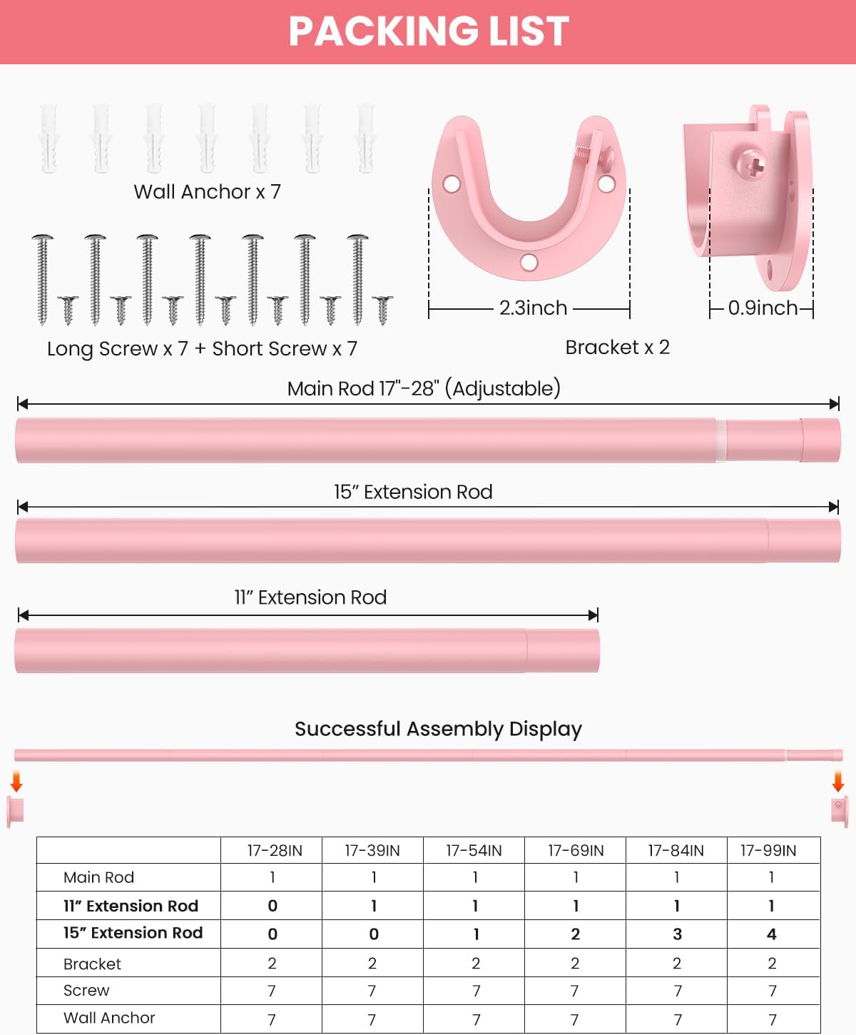 Closet Rods for Hanging Clothes, 17 to 69 Inches Stepless Adjustable Metal Closet Rod, 1.3 Inches Heavy Duty Clothes Hanging Rod for Closet Wardrobes Laundry RV, Pink