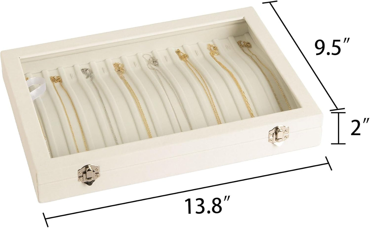 Frebeauty 15 Hooks Necklace Tray Velvet Neckalce Organizer with Clear Lid Lockable Necklace Holder Box Jewelry Organizer for Pendants Chains Necklace Jeweley Tray for Women Girls(Beige)