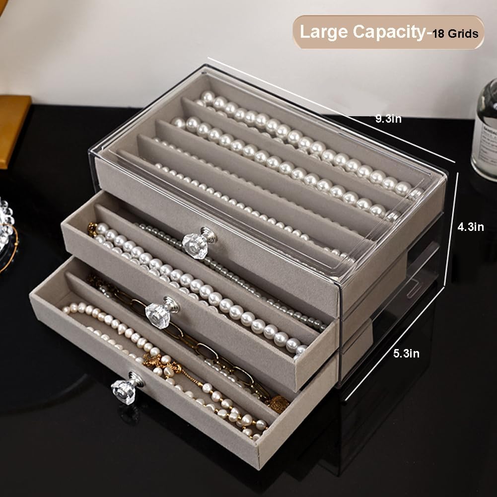 SPAKOWN Necklace Organizer Box, Velvet Necklace Box Holder Tray with Clear Lid Chains Showcase Stackable Necklace Storage for Pendant Bracelet (3 Drawers - Grey)