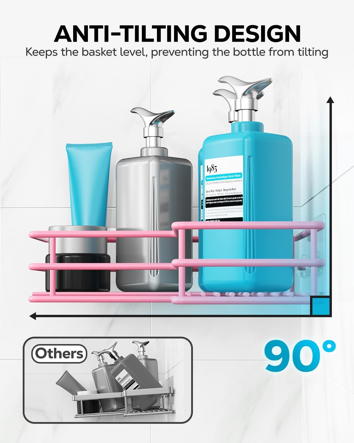 Nieifi Adhesive Corner Shower Caddy Shelf Basket Rack with Hooks, Rust Proof Stainless Steel Bathroom Shelf Shampoo Holder No Drilling (Pink)