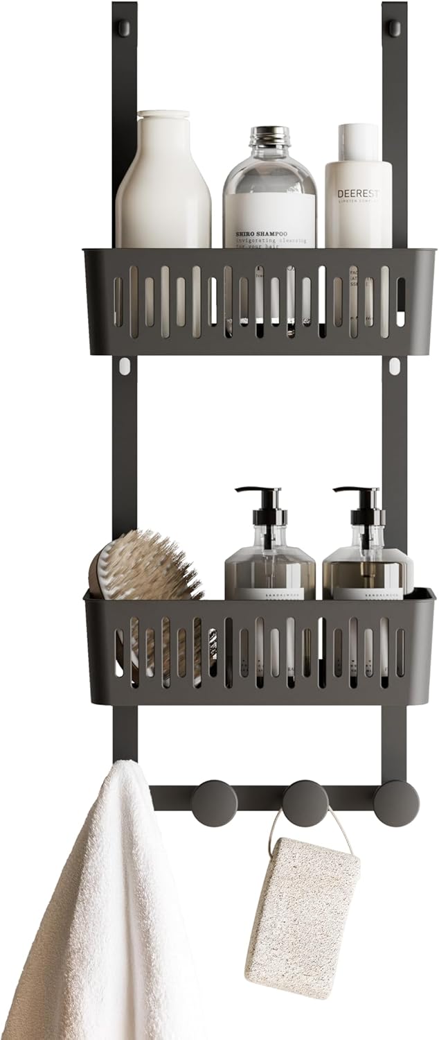 Zenna Home SnugFit Over the Door Caddy Organizer with 2 Storage Baskets and 4 Hooks, Over Door Hanging Organizer for Bathroom, Kitchen, Bedroom, Closet, Easy to Install, No Drilling, Black