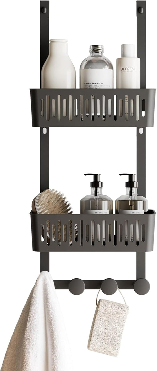 Zenna Home SnugFit Over the Door Caddy Organizer with 2 Storage Baskets and 4 Hooks, Over Door Hanging Organizer for Bathroom, Kitchen, Bedroom, Closet, Easy to Install, No Drilling, Black