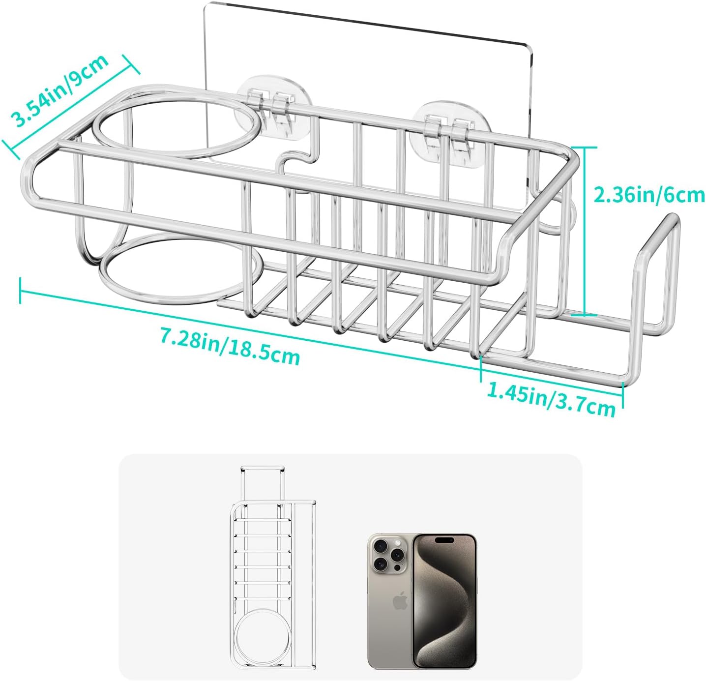 HapiRm 4 in 1 Sink Caddy Sponge Holder, SUS304 Stainless Steel Kitchen Brush Holder + Dish Cloth Hanger + Soap Rack + Sink Stopper Rack + Sponge Caddy for Kitchen - Silver