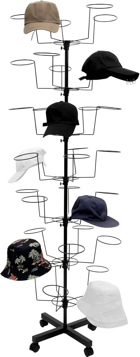 7-Tier Rotating Iron Hat Rack with Wheels & Brakes, Heavy Duty 35-Hat Organizer for Home/Store, Black Modern Free Standing Wig Display Stand, 11lbs Capacity (Black)