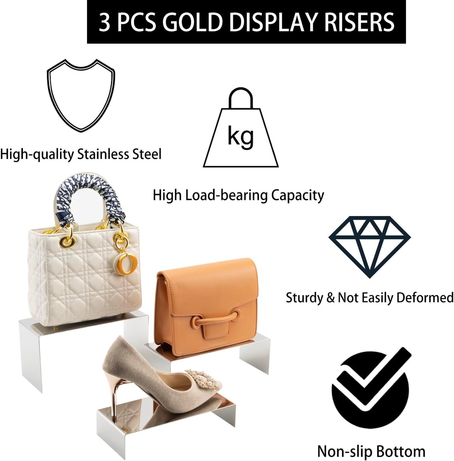 Purse Display Stands - 3 Stainless Steel Perfume Display Stands Metal Shoe Display Riser Stand for Home Boutique Retail Store Showcase, Mirror