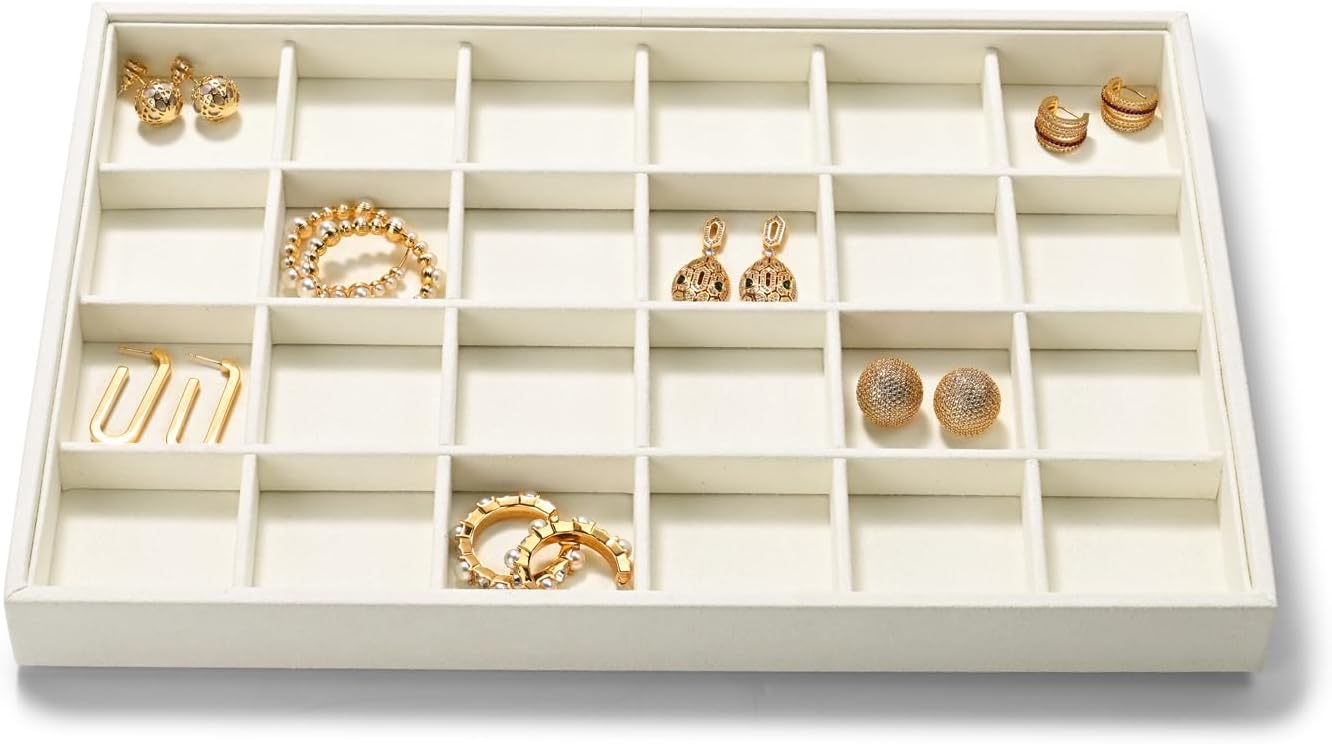 24 Grids Microfiber Jewelry Trays Ring Earrings Organizer Tray Stackable Jewelry Drawer Organizer(Beige)