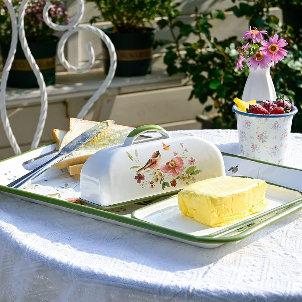 Enameled Farmhouse Vintage Butter Dish with Lid, 7.5 Inch Durable Kitchen Food Storage Container Rust-Resistant Refrigerator Safe,Vintage Decorative Design Kitchenware for Countertop