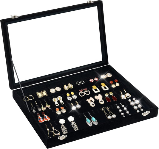 Jenseits Earring Organizer Tray, Earring Box with Clear Lid 80 Slots Velvet Drawer,Earring Tray with Lock, Jewelry Display Case for Women Girls, Black