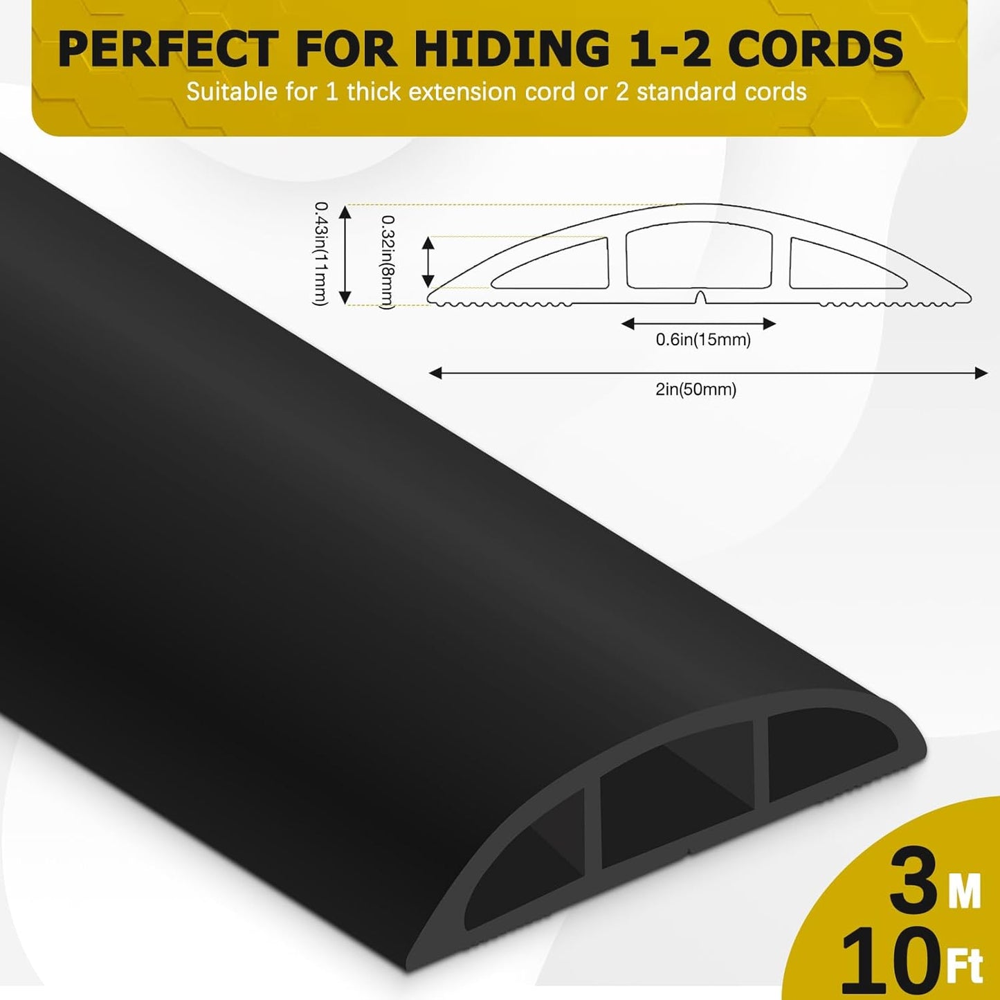 Floor Cord Cover 10FT Cord Covers for Wires on Floor Protect Wires & Prevent Trip Hazards, Easy to Cut for Home, Office, School, Concerts, Cavity W0.6in x H0.32in