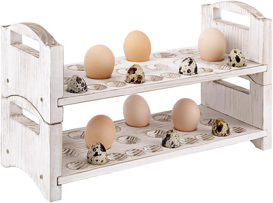 Wooden Egg Holder 2 Layer Fresh Egg Rack Holders Countertop Stackable Quail Egg Sorter Storage Trays Organizer Display Stand Kitchen Rack, Fits Duck, Turkey, Chicken Eggs,up to 36 Eggs, 2 Tier-White