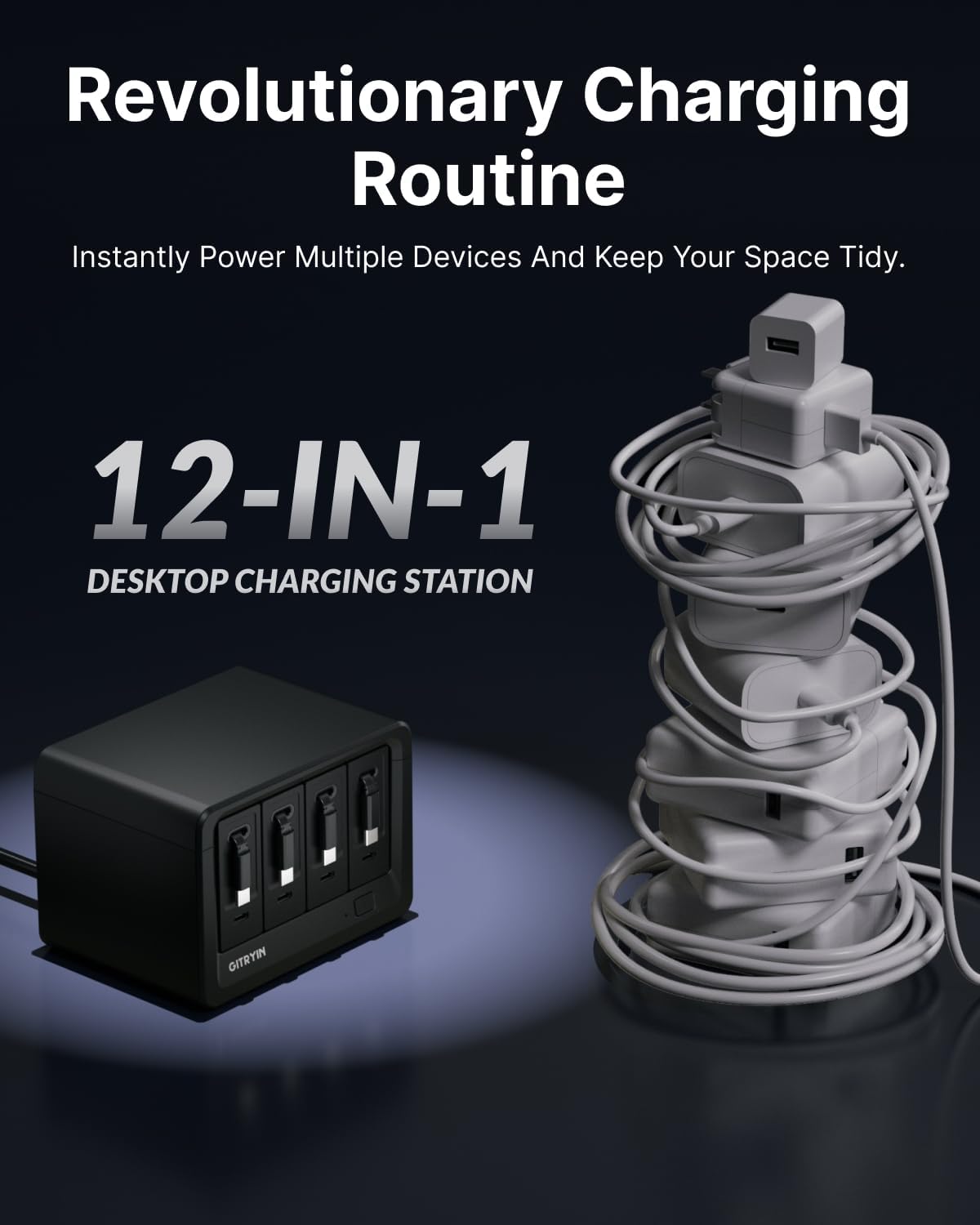 Gitryin 12-in-1 Desktop Charging Station with 4 Retractable Type-C Wall Chargers, 40W USB-C Power Strip with Flat Plug, Extension Cord with 1020J Surge Protection for Home Office
