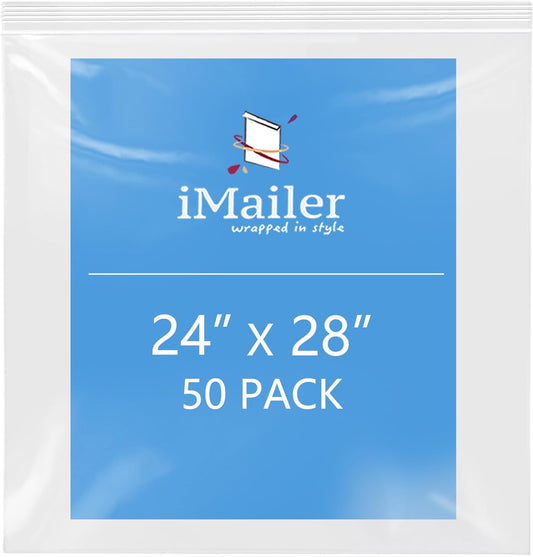 iMailer- 24" x 28" 50 Pack- 2 Mil Resealable Zip Bags- Clear Plastic Bags with Zip Top Lock for Storage, Organizing, Crafts, Travel