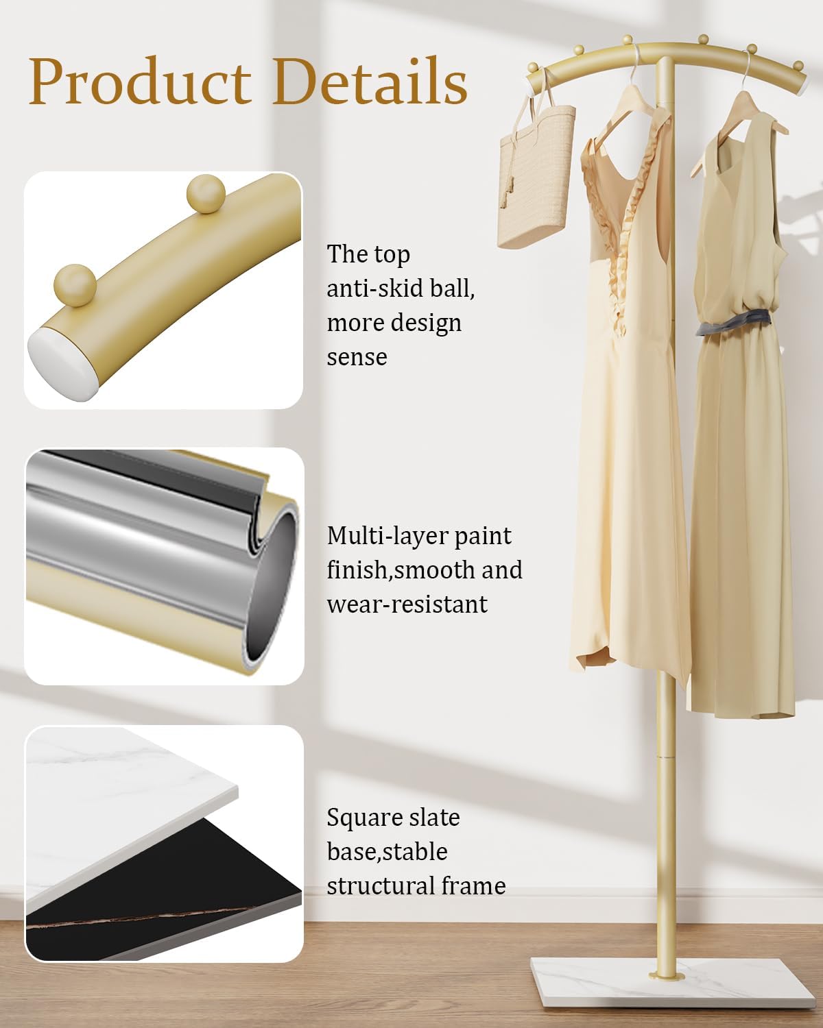 Arcuate Garment Rack, T-shaped Coat Tree Freestanding, Metal Coat Racks, Natural Stable Rock Base, Suitable For Entrances, Corridors, Halls, 68.9in, Gold