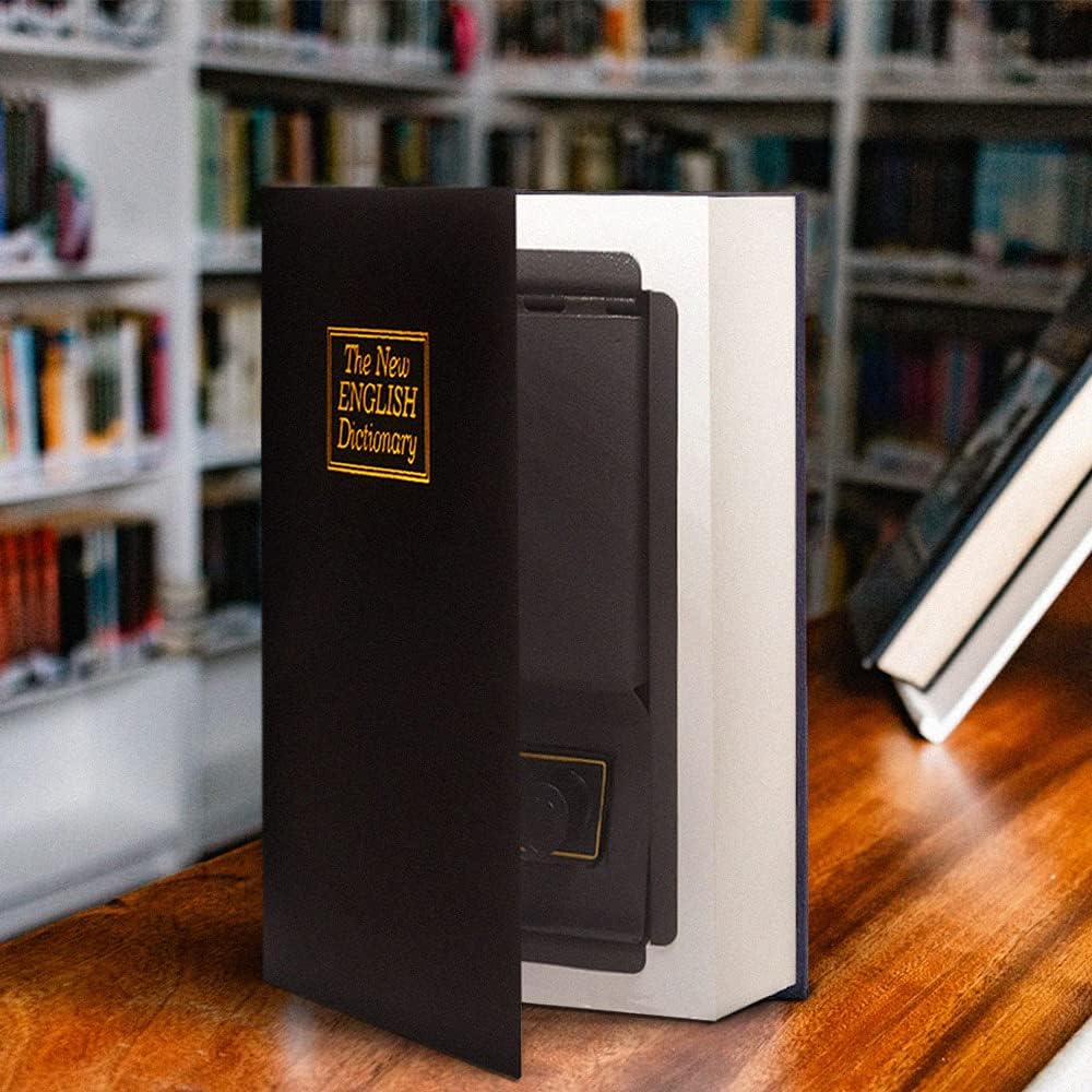 Leather Book Safe (Size 8.7"×6"×2") Real Paper Secret for Jewelry, Money and Cash, Diversion Book Safe,Hollow with Hidden,Key Lock (M, Black-Key)