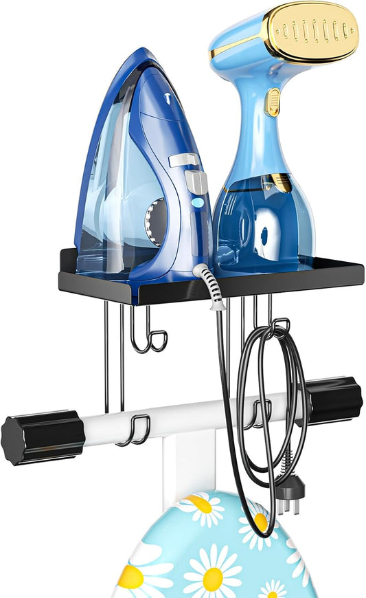 Ironing Board Holder Wall Mounted, Black Iron Holder for Laundry Room, Metal Iron Board Wall Hanger with Storage Shelf, Ironing Board Hooks for Laundry Room Livingroom Bathroom (Y or T Leg)