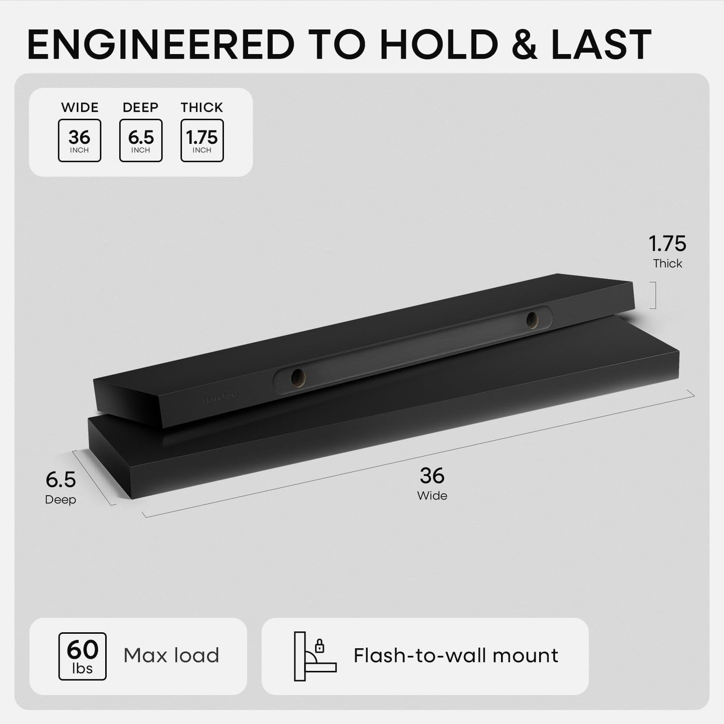 Homeforia Black Floating Shelves 36 inches Long, High End Solid Real Wood 36 inch Floating Shelf for Wall Mounted, Black Wooden 36in Floating Shelves, Heavy Duty Bracket, 36 X 6.5 X 1.75 in, Set of 4