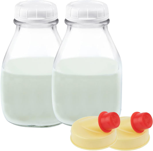 kitchentoolz 16 Oz Glass Milk Bottle with Lid - 16 Ounce Short and Wide Glass Milk Container for Refrigerator with Tamper Proof Lid and Pour Spout - Pack of 2