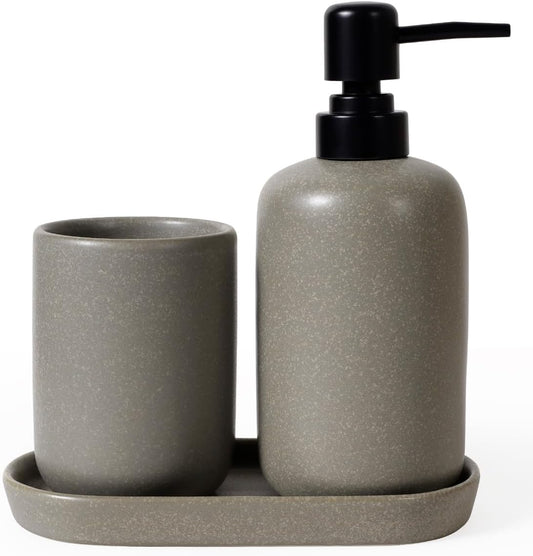 INGOFIN 3 Pcs Ceramic Bathroom Accessory Set - Liquid Soap Dispenser, Toothbrush Holder & Tray, Bathroom Counter Set, Countertop Essentials for Home, Guest Bathroom, or Office Use, Grey