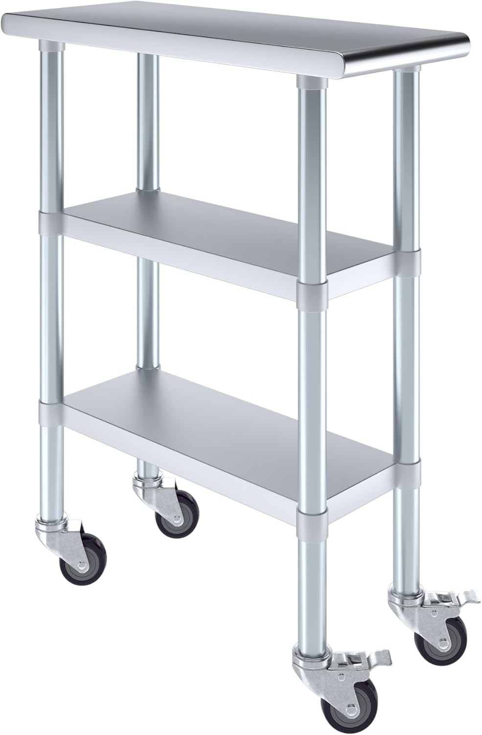 AmGood Stainless Steel Work Table with 2 Shelves and Casters | Metal Utility Table On Wheels (Stainless Steel Work Table with 2 Shelves + Casters, 12" Long x 30" Deep)