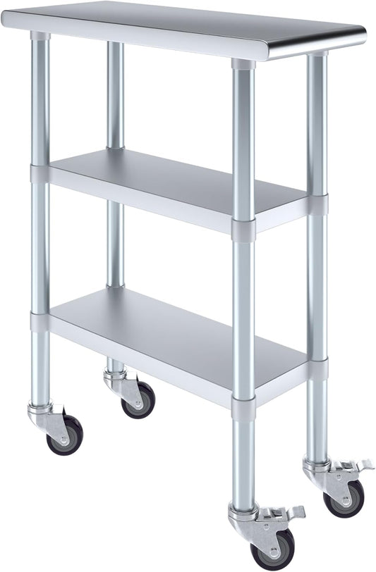 AmGood Stainless Steel Work Table with 2 Shelves and Casters | Metal Utility Table On Wheels (Stainless Steel Work Table with 2 Shelves + Casters, 12" Long x 30" Deep)
