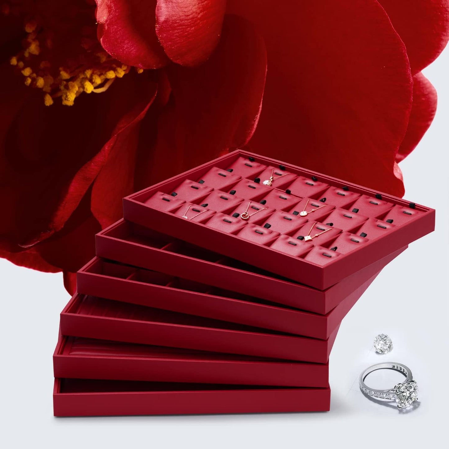 Oirlv Gorgeous Red Leather Jewelry Tray Flat Jewelry Display Tray Stackable Jewelry Organizer Plate