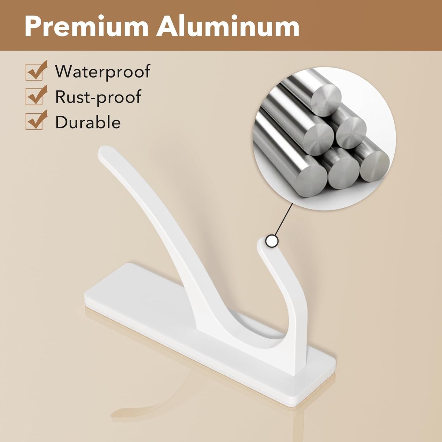pickpiff White Self Adhesive Coat Hooks for Hanging, Heavy Duty Stainless Double Wall Hook for Towel, Backpack, Hat, Sturdy Metal Hanger for Bathroom, Bedroom, Door, Wall Mounted, 4-Pack