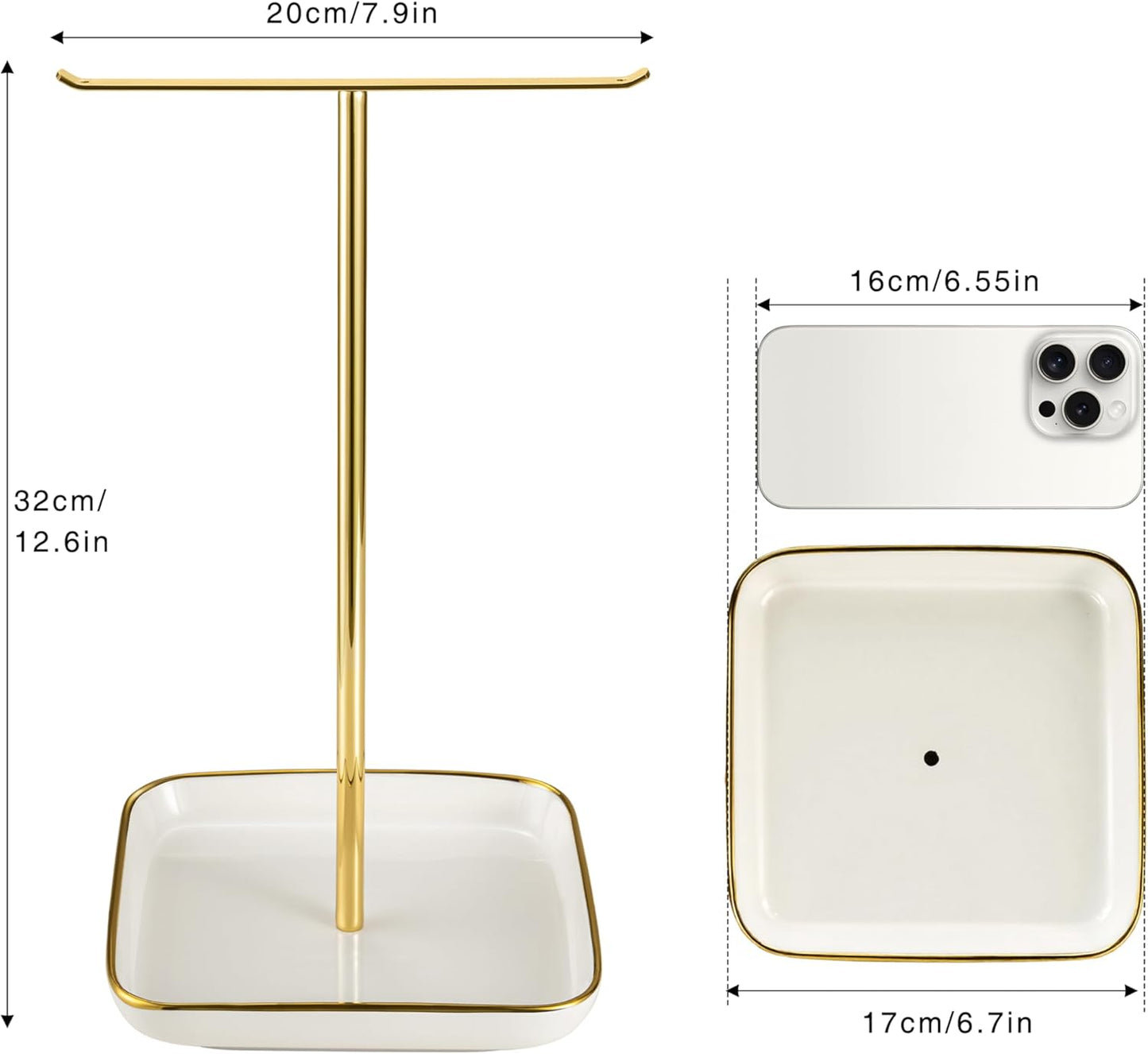 Jewelry Holder Stand with Ceramic Base: 12" Tall Necklace Organizer Rack, Tree Design Display Storage for Necklaces, Bracelets, Rings, Earrings, Aesthetic Room Décor for Girls and Women, Gold