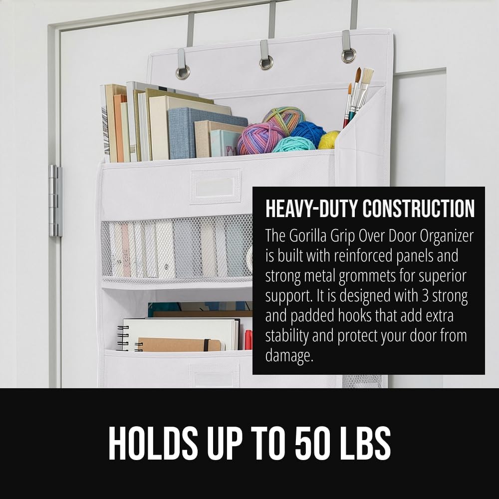 GORILLA GRIP Large Capacity Closet Organizer, 5 Deep Shelves, Holds 50lbs, Over the Door Organizers 6 Mesh Pockets, Shelf Storage for Clothes Crafts Dorm Essentials, 3 Metal Hooks, 58x15 Inches, White