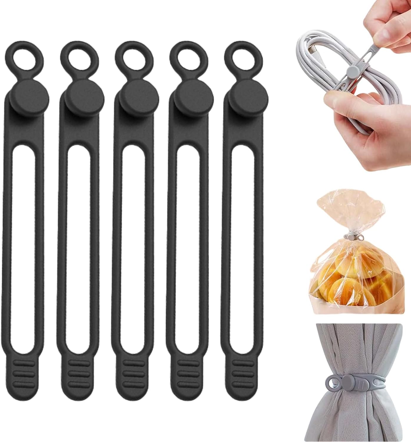 Data Cable Organizer, Silicone Cable Ties Reusable - Elastic Cord Organizer for Electronics, Adjustable Wire Ties for Cable Management,Computer Wires,Phone Charger,Earphone,Home Office (Black, 5PCS)