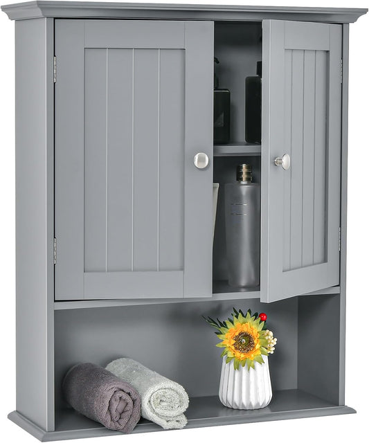 Tangkula Bathroom Wall Cabinet, Wooden Hanging Cabinet with Doors & Shelves, Multipurpose Storage Cabinet for Restroom Kitchen Living Room, Wall Mounted Bathroom Medicine Cabinet (Grey)