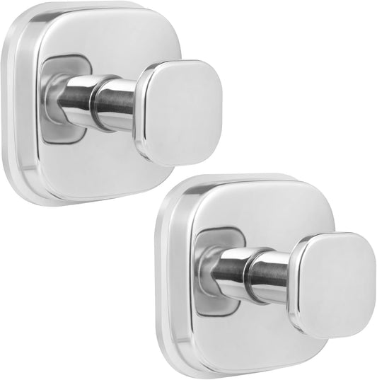 No-Drill Reusable Suction Cup Hooks, Towel, Robe, Loofah, Coat Hook for Glass, Mirror, Tile, Shower, Bathroom, Kitchen & Metal (Smooth, Non-Porous Surfaces) (2, Chrome Polished)