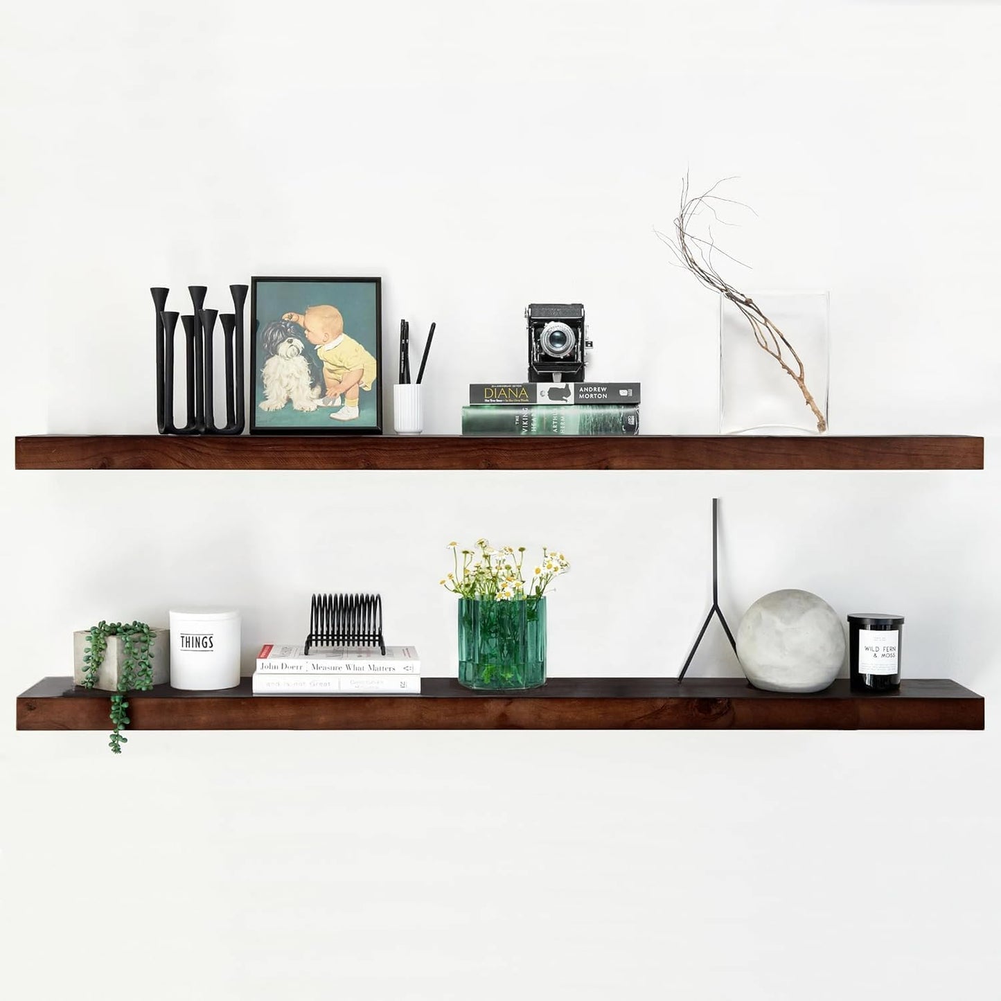 Homeforia Walnut 60 inch Floating Shelf, High End Solid Real Wood 60inch Long Floating Shelf for Wall, Dark Brown Wooden 60in Large Floating Shelves, Heavy Duty Bracket, 60 X 6.5 X 1.75 inch, Set of 3