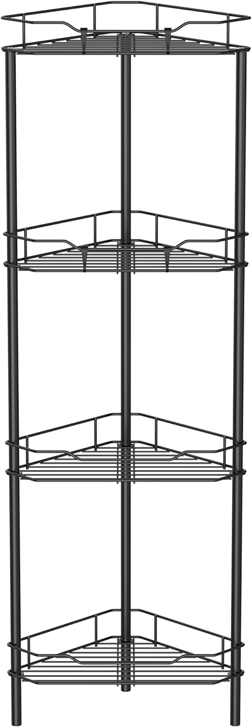 4 Tier Floor Standing Corner Shower Caddy Organizer Shelf with Hooks, Bathroom Shelves Stand Rack, Black